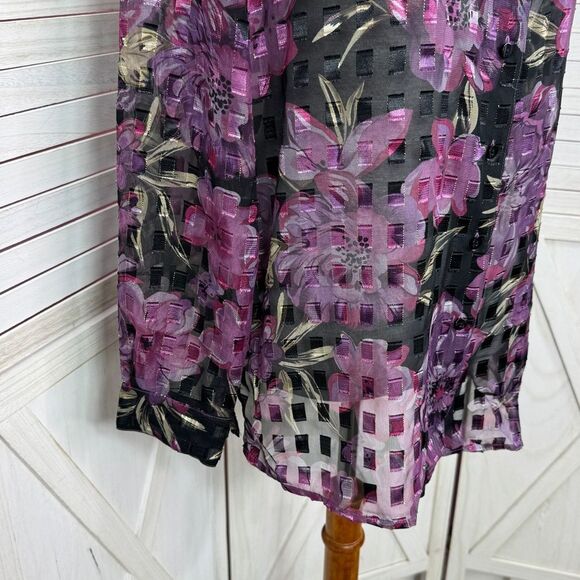 Vintage Notations Sheer Floral Check Shimmer Blouse Black Purple Large - Picture 6 of 11